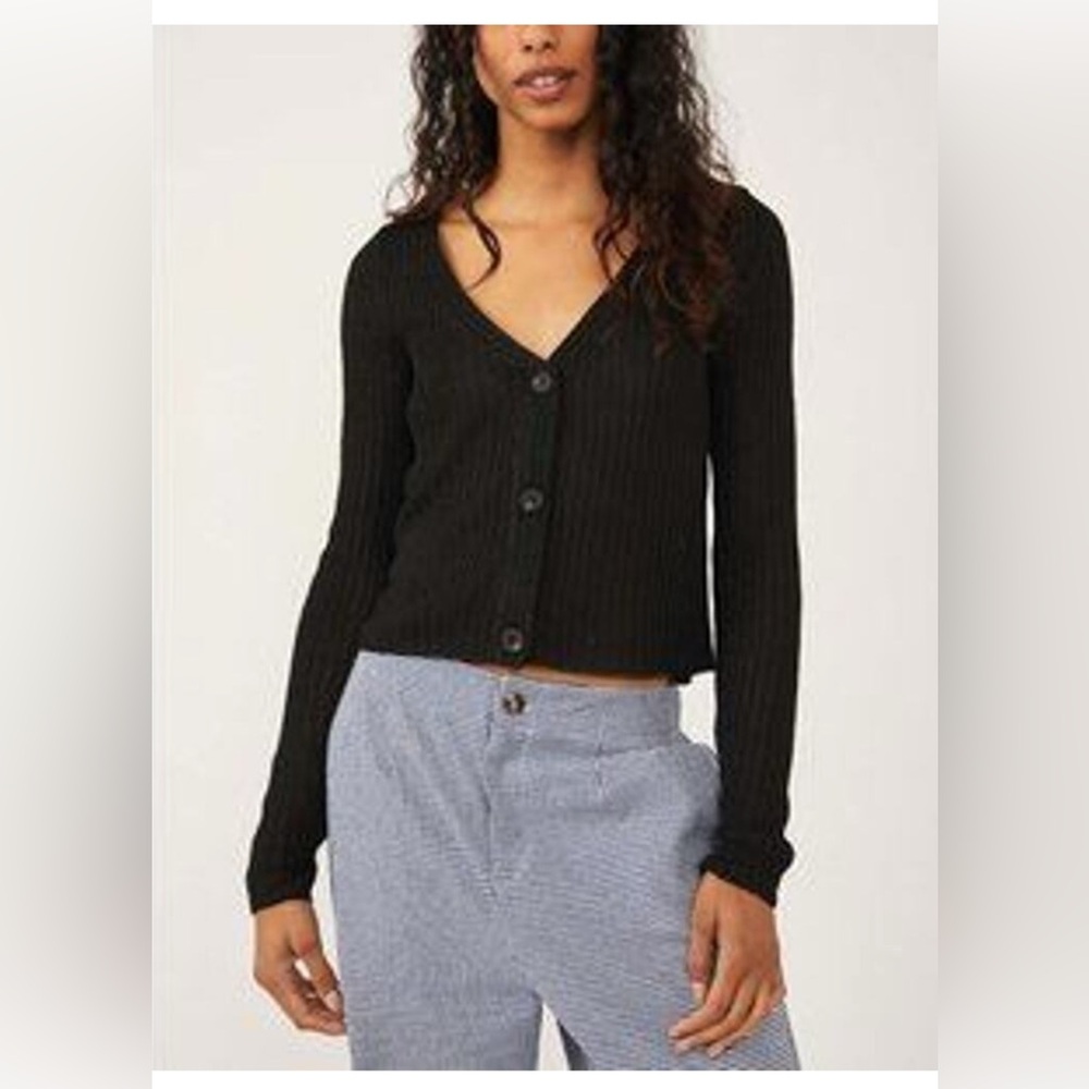 Free People Game On Ribbed Cardigan Black Small NWT